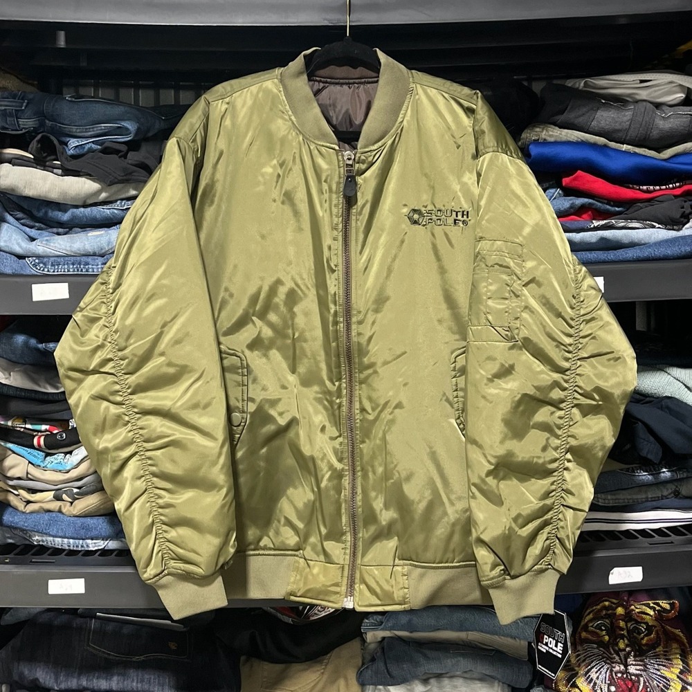 Vintage Y2K Southpole Bomber Jacket Reversible Mens XL Green Brown - NEW W/ TAGS